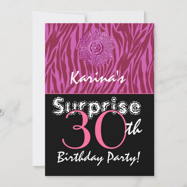 Invitación SORPRESA 30 cumpleaños Cebra Rosa y Vino G400 (Anverso)