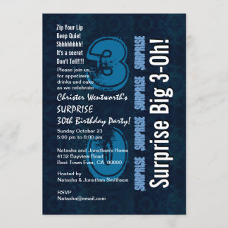 Invitación Sorpresa 30 cumpleaños cosecha azul y blanco 106N