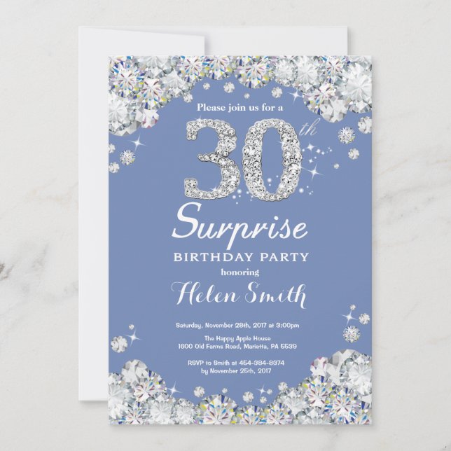 Invitación Sorpresa 30 cumpleaños Diamante de plata azul (Anverso)