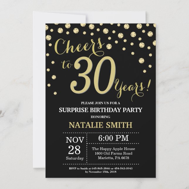 Invitación Sorpresa 30 cumpleaños Diamante negro y oro (Anverso)