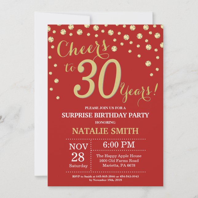 Invitación Sorpresa 30 cumpleaños Diamante rojo y oro (Anverso)