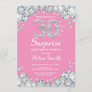 Invitación Sorpresa 30 cumpleaños Diamante rosado y plateado