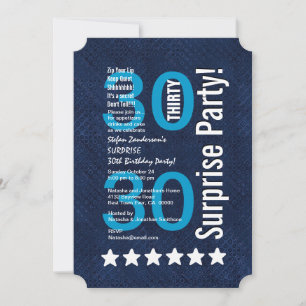 Invitación SORPRESA 30 cumpleaños Estrellas blancas azules R6