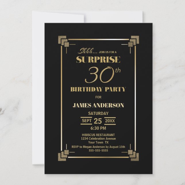 Invitación Sorpresa 30 cumpleaños Fiesta de oro y negro (Anverso)