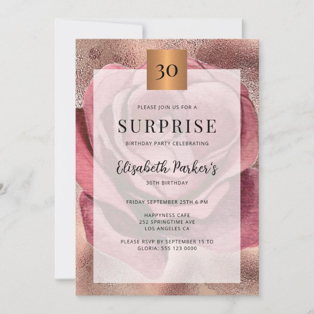 Invitación Sorpresa 30 cumpleaños fiesta rosa purpurina de or (Anverso)