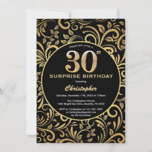 Invitación Sorpresa 30 cumpleaños Floral de oro y negro