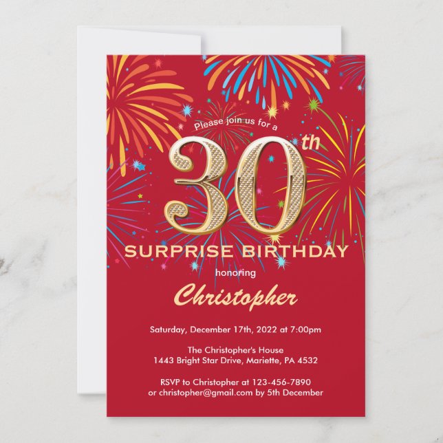 Invitación Sorpresa 30 cumpleaños Fuego de arcoiris rojo y or (Anverso)