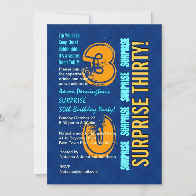Invitación SORPRESA 30 cumpleaños moderno azul y oro F544 (Anverso)