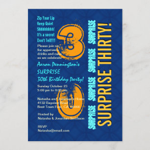 Invitación SORPRESA 30 cumpleaños moderno azul y oro F544