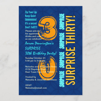 Invitación SORPRESA 30 cumpleaños moderno azul y oro F544