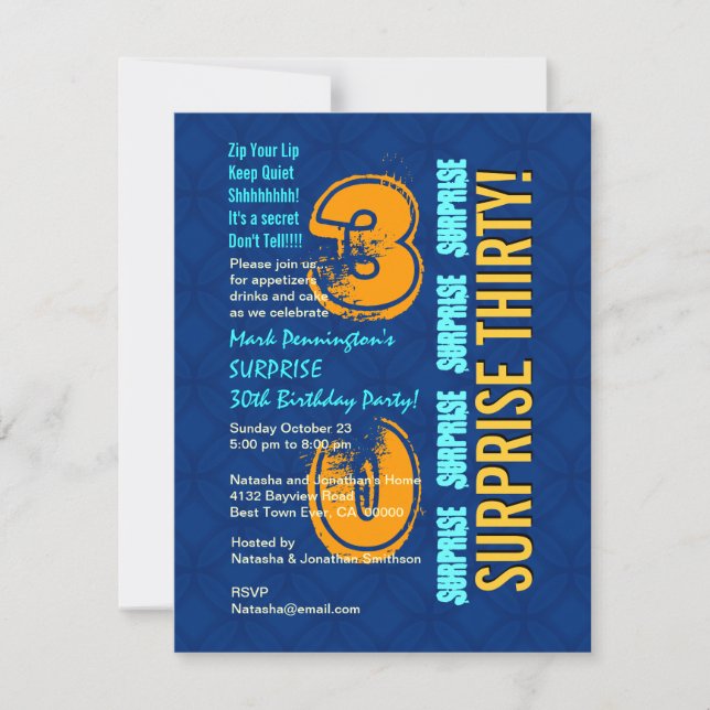 Invitación SORPRESA 30 cumpleaños moderno azul y oro F545 (Anverso)