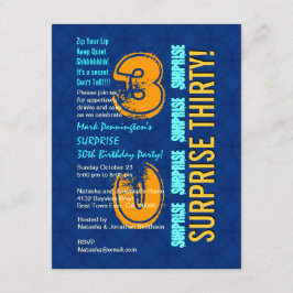 Invitación SORPRESA 30 cumpleaños moderno azul y oro F545