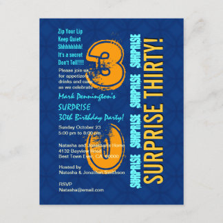 Invitación SORPRESA 30 cumpleaños moderno azul y oro F545