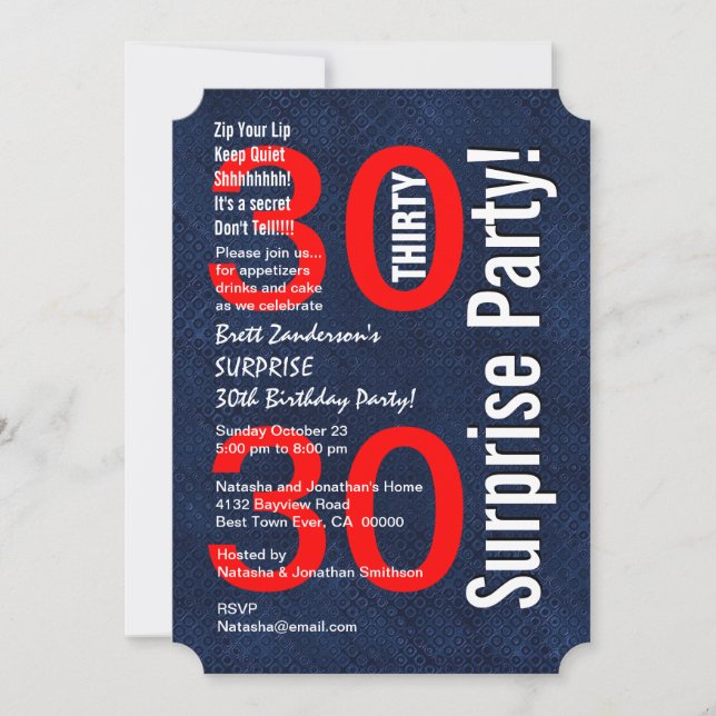 Invitación SORPRESA 30 cumpleaños moderno Royal Blue R601A (Anverso)