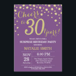 Invitación Sorpresa 30 cumpleaños morado y diamante dorado<br><div class="desc">Sorpresa 30 cumpleaños invitación con fondo de diamantes morado y Purpurina dorado. Confetti de oro. Cumpleaños de adultos. Cumpleaños de hombres o mujeres. Para más personalización,  haga clic en el botón "Personalizar" y utilice nuestra herramienta de diseño para modificar esta plantilla.</div>