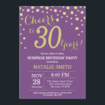 Invitación Sorpresa 30 cumpleaños morado y diamante dorado<br><div class="desc">Sorpresa 30 cumpleaños invitación con fondo de diamantes morado y Purpurina dorado. Confetti de oro. Cumpleaños de adultos. Cumpleaños de hombres o mujeres. Para más personalización,  haga clic en el botón "Personalizar" y utilice nuestra herramienta de diseño para modificar esta plantilla.</div>