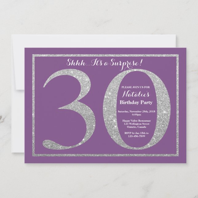 Invitación Sorpresa 30 cumpleaños, morado y Purpurina platead (Anverso)