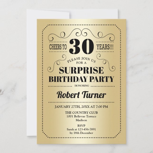 Invitación Sorpresa 30 cumpleaños - Negro de oro (Anverso)