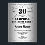 Invitación Sorpresa 30 cumpleaños - negro plateado<br><div class="desc">Sorpresa 30th Birthday Invitation Retro diseño en Relieve metalizado falso plateado y negro. ¡Salud a 30 años! También se puede personalizar en cualquier año.</div>
