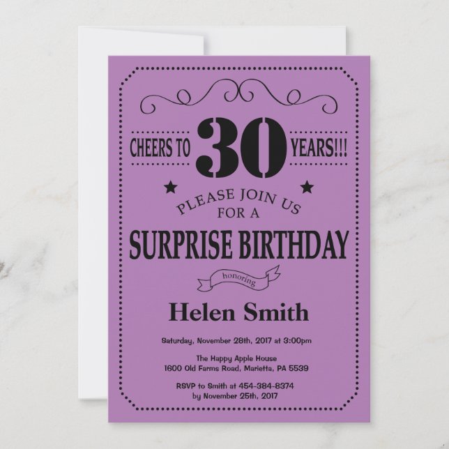 Invitación Sorpresa 30 cumpleaños negro y morado (Anverso)