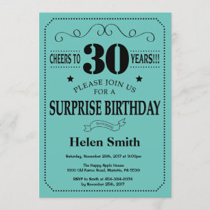 Invitación Sorpresa 30 cumpleaños negro y Verde azulado