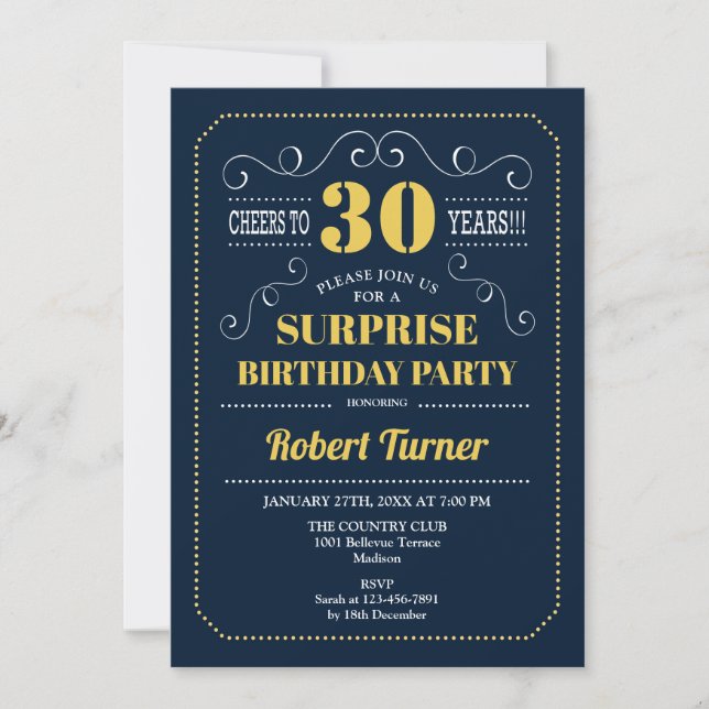 Invitación Sorpresa 30 cumpleaños - Oro Azul de la Marina (Anverso)