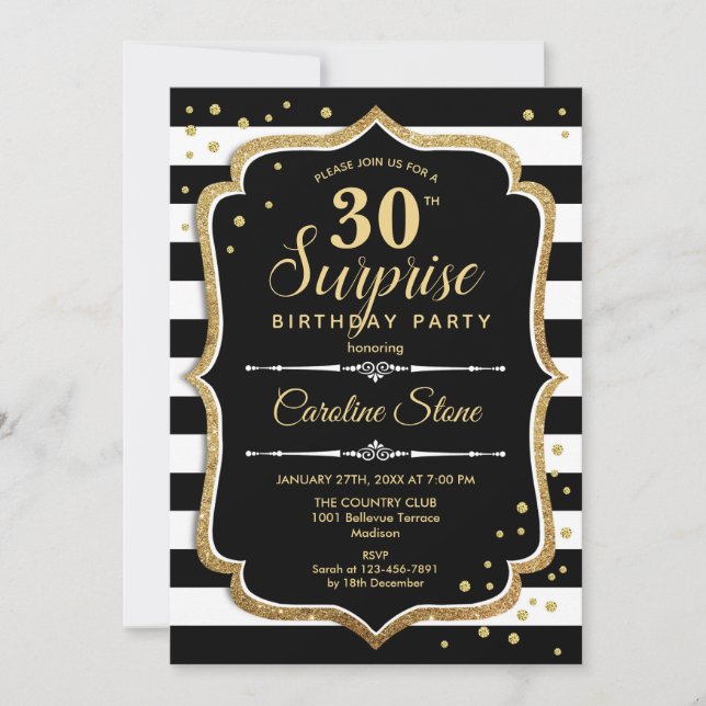 Invitación Sorpresa 30 cumpleaños - Oro blanco negro (Anverso)