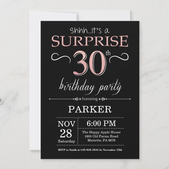 Invitación Sorpresa 30 cumpleaños oro negro y rosado Rosa (Anverso)