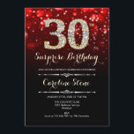Invitación Sorpresa 30 cumpleaños - Oro Rojo<br><div class="desc">Sorpresa Invitación a los 30 Años. Elegante diseño negro rojo con falso oro purpurina. Cumpleaños de adultos. Incluye diamantes,  luces de bokeh y fuente de guiones. Invitación de cumpleaños de hombres o mujeres. Perfecto para una elegante fiesta de cumpleaños. Mándame un mensaje si necesitas más personalización.</div>