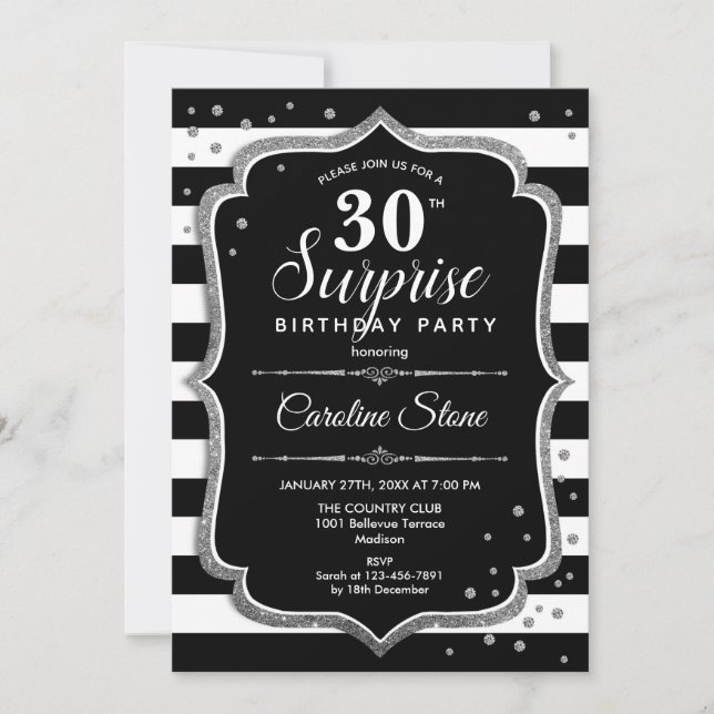 Invitación Sorpresa 30 cumpleaños - Plata blanca negra (Anverso)