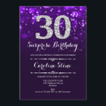 Invitación Sorpresa 30 cumpleaños - Plata morada<br><div class="desc">Sorpresa Invitación a los 30 Años. Elegante diseño morado con una falsa plata purpurina. Cumpleaños de adultos. Incluye diamantes,  luces de bokeh y fuente de guiones. Invitación de cumpleaños de hombres o mujeres. Perfecto para una elegante fiesta de cumpleaños. Mándame un mensaje si necesitas más personalización.</div>