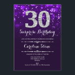 Invitación Sorpresa 30 cumpleaños - Plata morada<br><div class="desc">Sorpresa Invitación a los 30 Años. Elegante diseño morado con una falsa plata purpurina. Cumpleaños de adultos. Incluye diamantes,  luces de bokeh y fuente de guiones. Invitación de cumpleaños de hombres o mujeres. Perfecto para una elegante fiesta de cumpleaños. Mándame un mensaje si necesitas más personalización.</div>