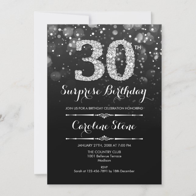 Invitación Sorpresa 30 cumpleaños - Plata negra (Anverso)