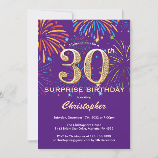 Invitación Sorpresa 30 cumpleaños Purple y Gold Firework (Anverso)