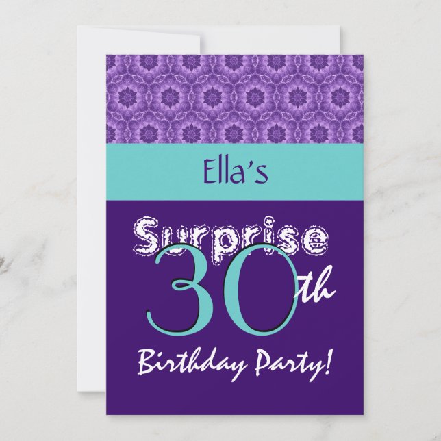 Invitación SORPRESA 30 cumpleaños Purpleand Turquoise G805 (Anverso)