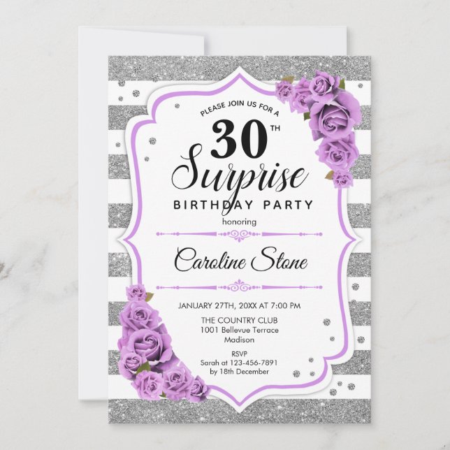 Invitación Sorpresa 30 cumpleaños - Púrpura Blanco Plateado (Anverso)