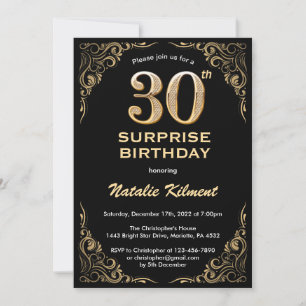 Invitación Sorpresa 30 cumpleaños Purpurina de oro y negro