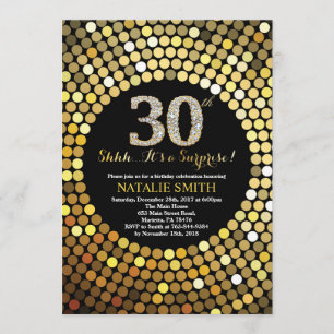 Invitación Sorpresa 30 cumpleaños Purpurina de oro y negro