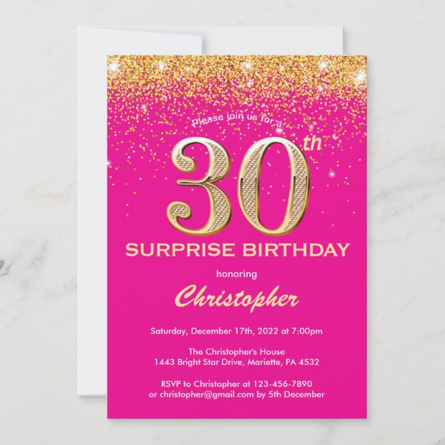 Invitación Sorpresa 30 cumpleaños Purpurina de oro y rosado c (Anverso)