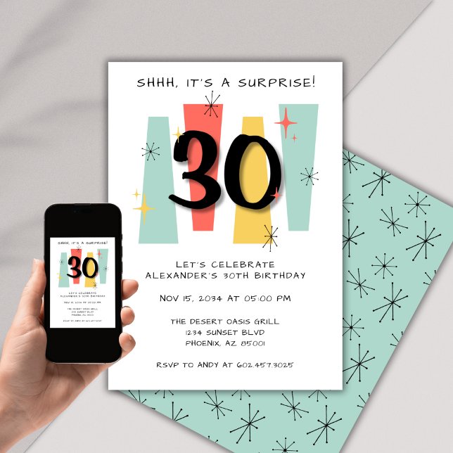 Invitación Sorpresa 30 cumpleaños Retro Medio siglo Moderno (Subido por el creador)