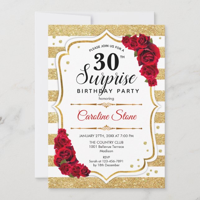 Invitación Sorpresa 30 cumpleaños - Rojo blanco dorado (Anverso)
