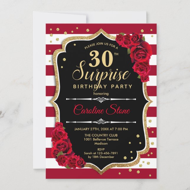 Invitación Sorpresa 30 cumpleaños - Rojo blanco negro (Anverso)