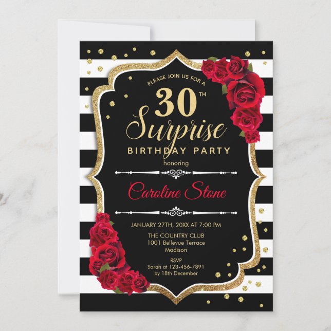 Invitación Sorpresa 30 cumpleaños - Rojo blanco negro (Anverso)