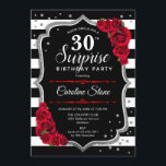 Invitación Sorpresa 30 cumpleaños - Rojo blanco negro<br><div class="desc">Sorpresa Invitación a los 30 Años. Diseño rojo,  blanco y negro femenino con una falsa plata purpurina. Presenta rayas negras y blancas,  rosas rojas,  fuente de escritura y confeti. Perfecto para una elegante fiesta de cumpleaños. Se puede personalizar para mostrar cualquier edad. Mándame un mensaje si necesitas más personalización.</div>