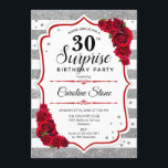 Invitación Sorpresa 30 cumpleaños - rojo blanco plateado<br><div class="desc">Sorpresa Invitación a los 30 Años. Diseño rojo y blanco femenino con una falsa plata purpurina. Presenta rayas,  rosas rojas,  letra de guión y confeti. Perfecto para una elegante fiesta de cumpleaños. Se puede personalizar para mostrar cualquier edad. Mándame un mensaje si necesitas más personalización.</div>