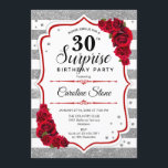 Invitación Sorpresa 30 cumpleaños - rojo blanco plateado<br><div class="desc">Sorpresa Invitación a los 30 Años. Diseño rojo y blanco femenino con una falsa plata purpurina. Presenta rayas,  rosas rojas,  letra de guión y confeti. Perfecto para una elegante fiesta de cumpleaños. Se puede personalizar para mostrar cualquier edad. Mándame un mensaje si necesitas más personalización.</div>