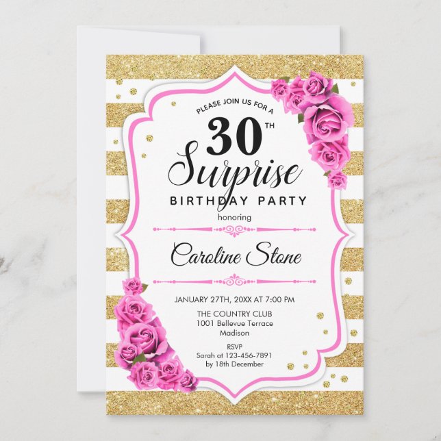 Invitación Sorpresa 30 cumpleaños - Rosa blanco dorado (Anverso)
