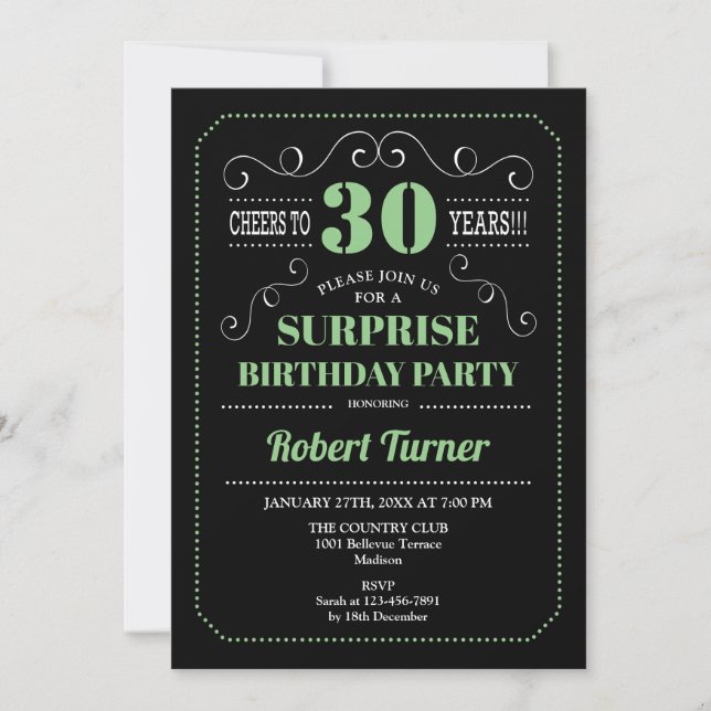 Invitación Sorpresa 30 cumpleaños - Verde negro (Anverso)