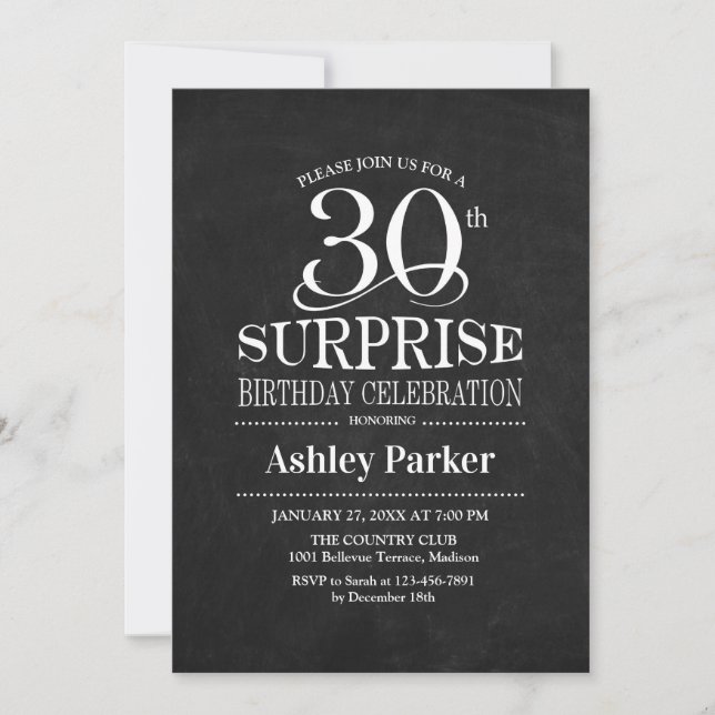 Invitación Sorpresa 30 Fiesta de cumpleaños - Blanco negro (Anverso)