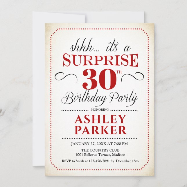 Invitación Sorpresa 30 Fiesta de cumpleaños - Blanco Rojo Neg (Anverso)
